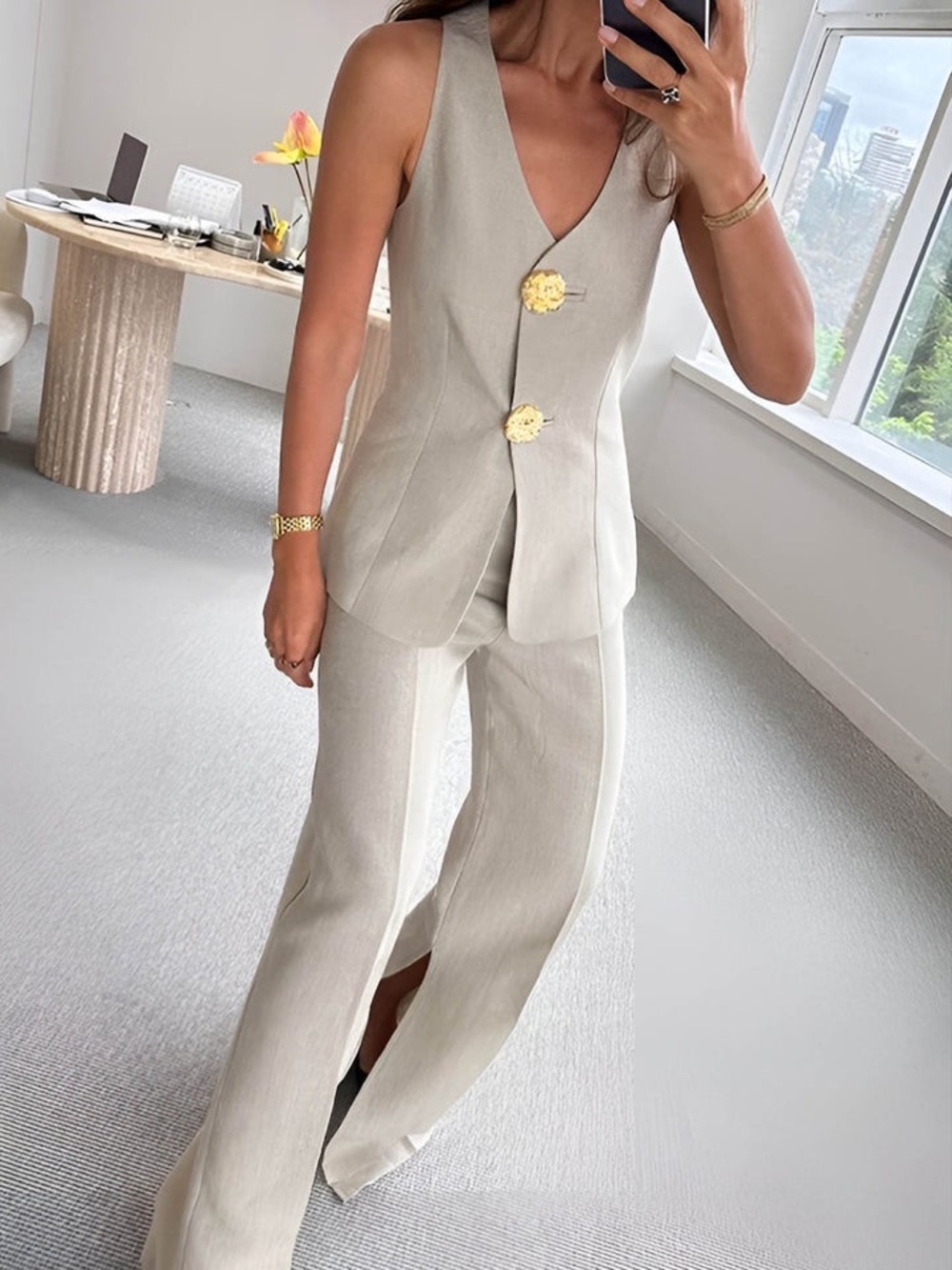 Commense Button Split Sleeveless Pants Set